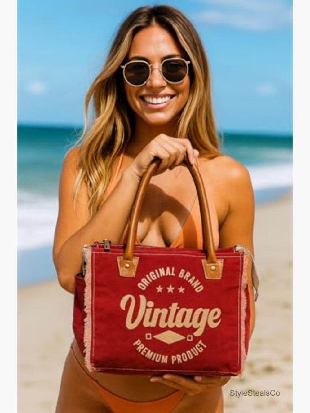 Canvas Tote Bag with Leather Handles, Shoulder & Beach Bag - 13x10 - Picture 4 of 7